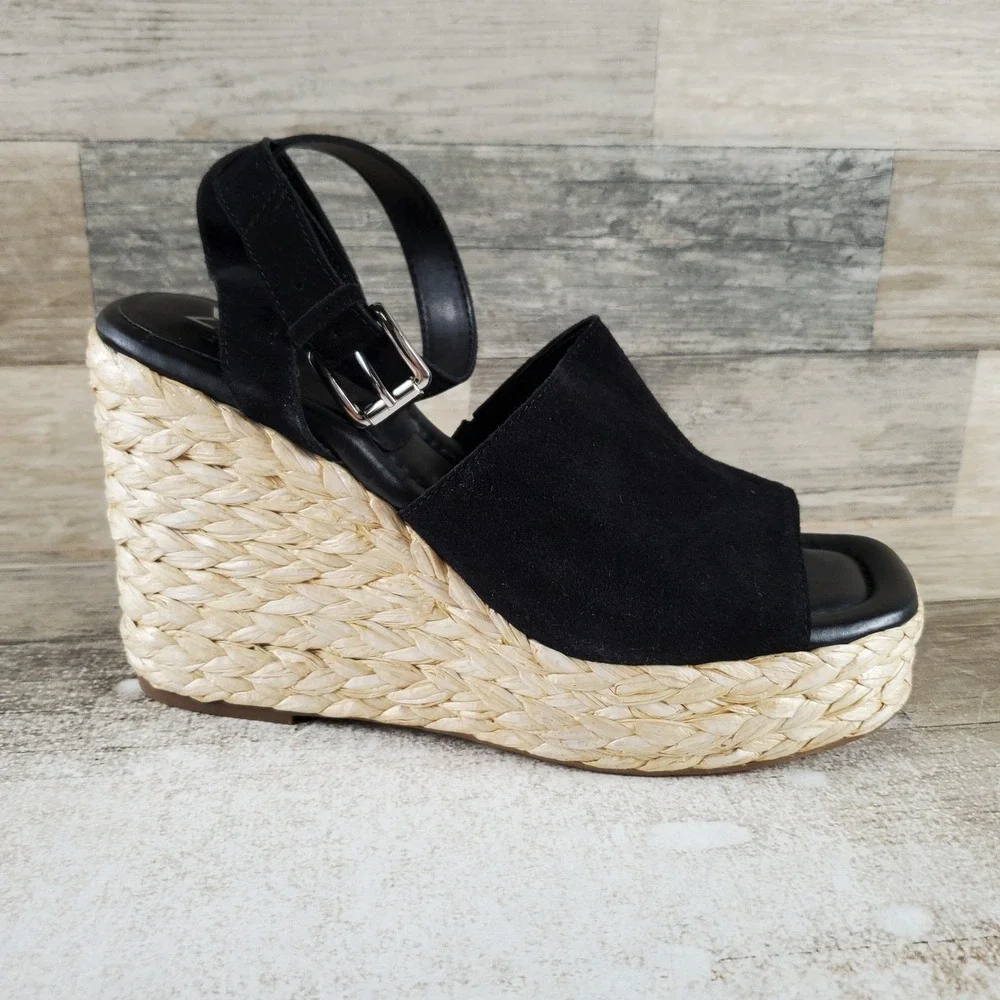 Marc Fisher LTD Nelly Womens Espadrille Wedge Sandals Sz 10 M Black Suede